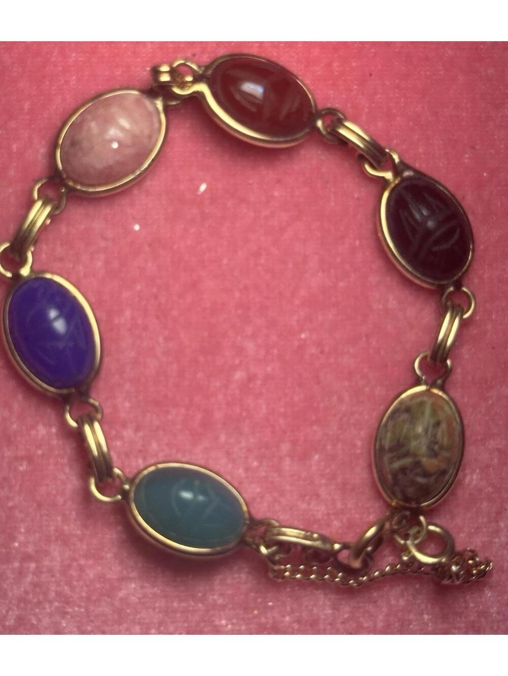 Bracelet Vintage Egyptian Scarab 12K G.F. 7” semi precious stones hallmarked EUC